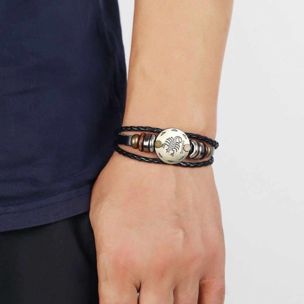 Scorpio Zodiac Bracelet Multilayer Black Faux Leather Astrology Cuff